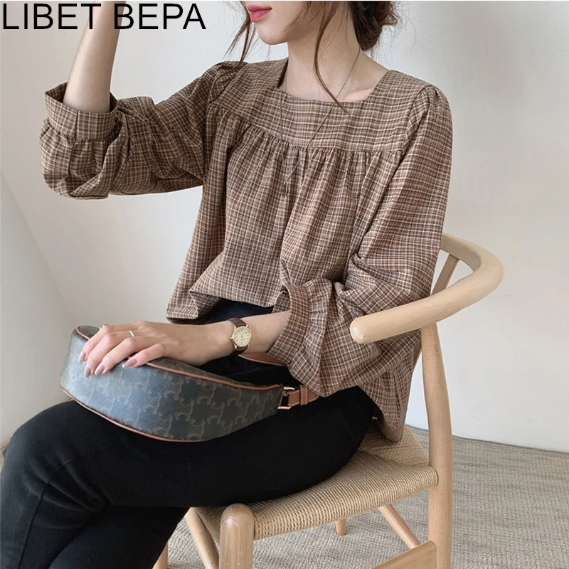

New 2020 Autumn Winter Women Blouses Square Collar Fashionable Plaid Shirt Wild Fashionable Oversize Vintage Lady Tops BL3256