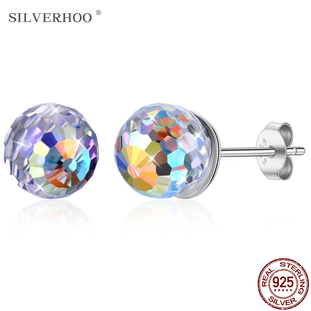 

SILVERHOO 925 Sterling Silver Stud Earrings For Women Color ball Austria Crystal Party Fashion Classic Earrings Gift Hot Sale