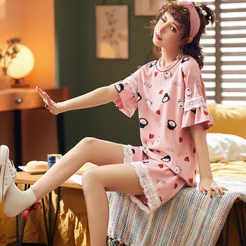 

Short-sleeved pajamas women's cotton thin fresh student shorts summer home clothes two-piece suit