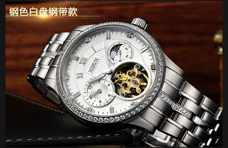 Элитный бренд Швейцарии NESUN Скелет Diamond Часы Для мужчин Самовзводные Для мужчин мужские часы 100 м Водонепроницаемый часы N9093-3