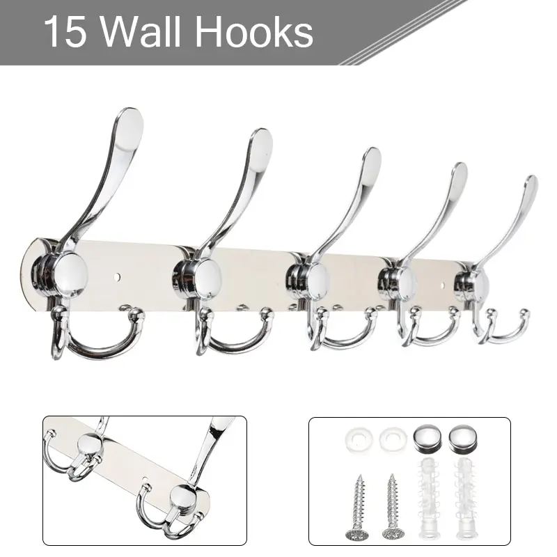 

1 pcs Chrome Coat Rack Stainless Steel 15 Hooks Coat Clothes Door Holder Rack Hook Wall Hanger Hardware Hooks