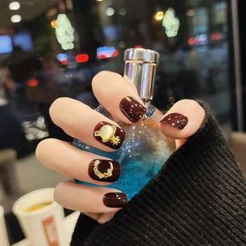 

24pcs/boxed Deep Coffee Planet Fake press on Nails Wearable Disassembling Short nail tips Faux Rhinestone Decoration art goods