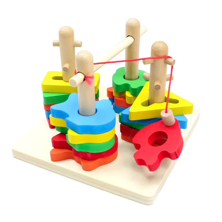 Деревянные детские геометрические формы s соответствующие четыре набора колонны строительные блоки головоломки формы четыре набора колонны соответствующие рыбалки-в
