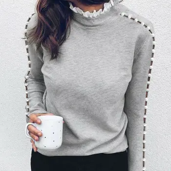 

2020 Fashion Women Lace Hollow Out Turtleneck Sweater Tops Pearl Tops Ladies Autumn Warm Tee Female Sweater Blouse