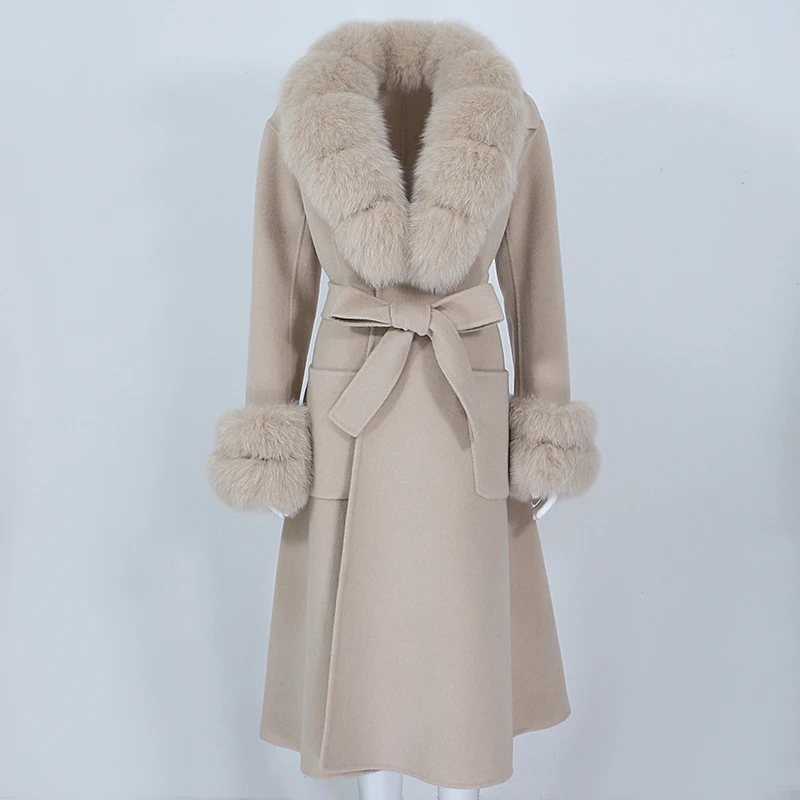 

2022 New Arrival Women Wool Coat With Real Fox Fur Collar Cuff Slim Fit Elegant Belted Cashmere Long Coat Ladies Winter Coats