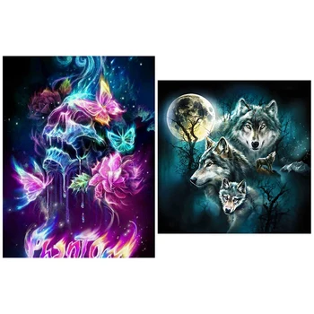 

2 Set 5D Diamond Painting Full Square Diamond for Home Wall Decoration - Wolf and Moon & Butterfly Skull