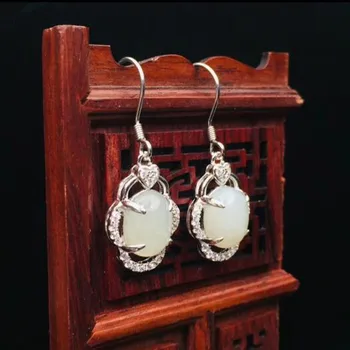 

Beautiful 925 Sterling Silver White HeTian Jade Dangle Lucky Ear Earrings Girl's Charm Gift Fine Jewelry