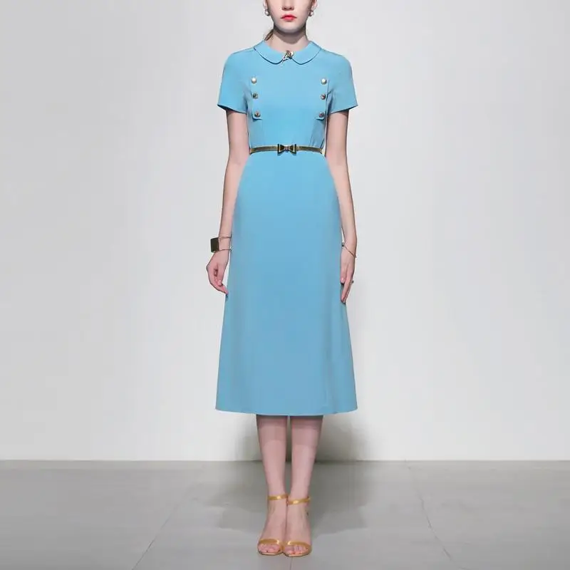 

2019 New Women Dress England Color Blue Color Pater Pan Collor Women Office Long Dresses Short Sleeves Double Breasted Work Dres