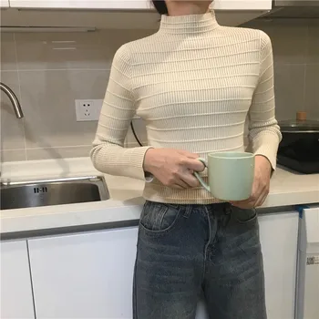 

B 2020 Women Elegant New Style Fashion Design Sweater Jumper Tops Blouse Autumn Half High Neck Long Sleeve Slim Knit Pullover
