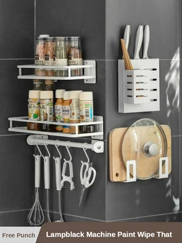 

Stainless Steel Kitchen Bathroom Shelf Wall Hanging Non-Punching Pot Cover Cutter Shelf Condiment Storage Rack Chopstick Holder