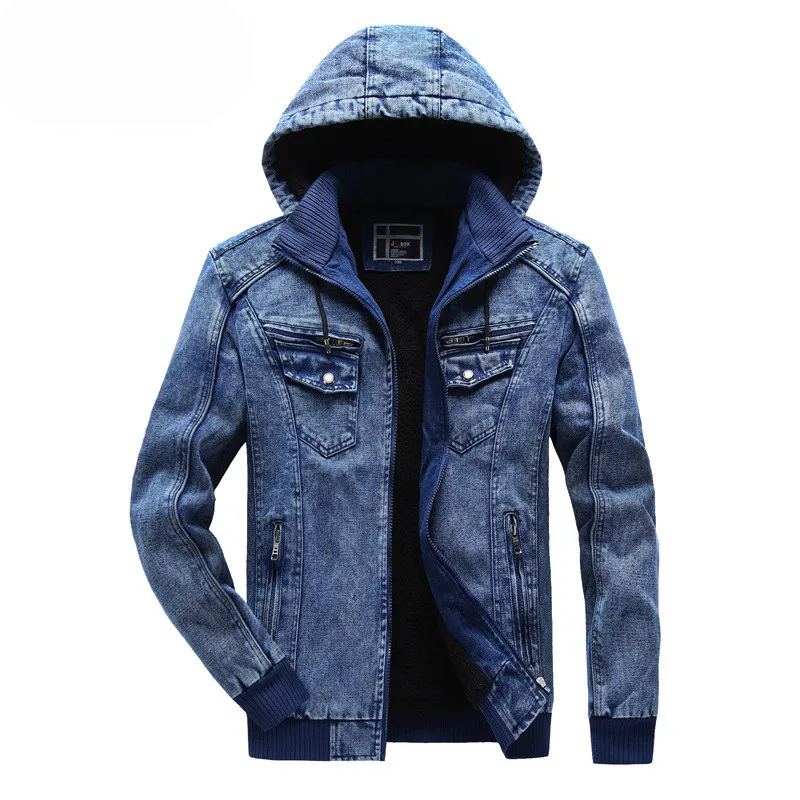 

PUIMENTIUA Men's Winter Warm Denim Jacket Removable Hat Wool Lined Thick Solid Color Long Sleeve Casual Jacket 2019