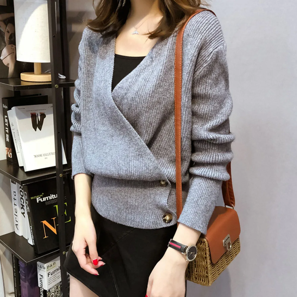 

Knitted Sweater Women 2019 Autumn Korean Long Sleeve V Neck Plian Basic Gray Short Coat Office Ladies Causal Loose Knitwear