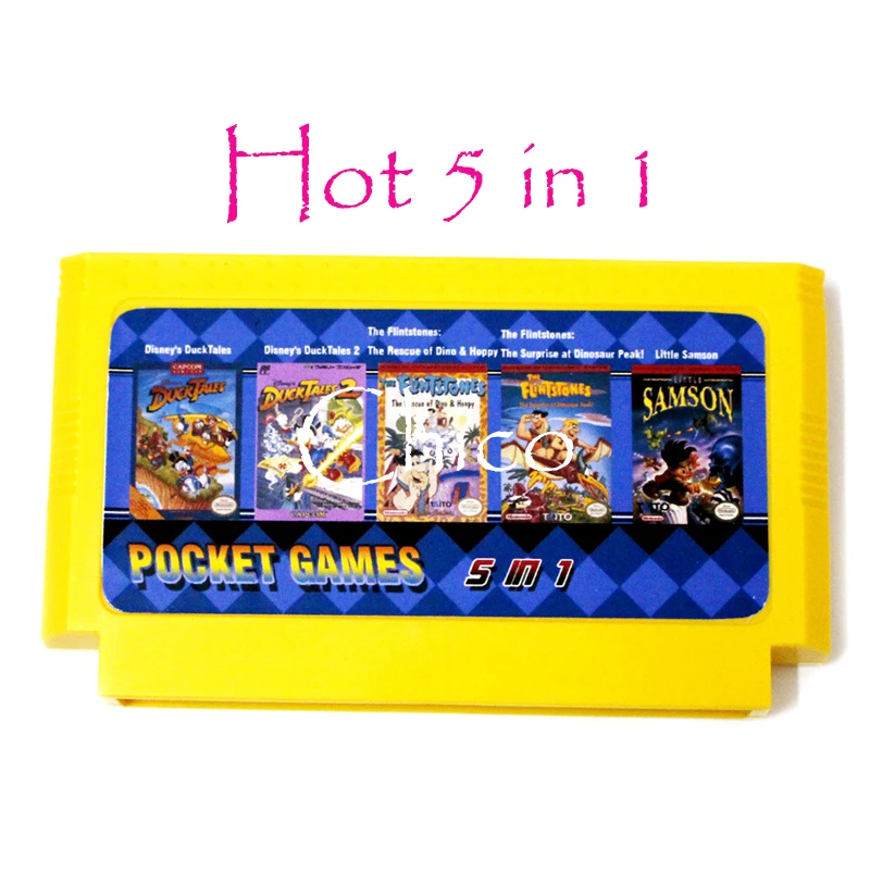 5 в 1 большой желтый картридж 60 72 Pin карточная игра для 8-битный игровой плеер с уткой сказки 1/2+ Flintstones 1/2+ маленький Самсон