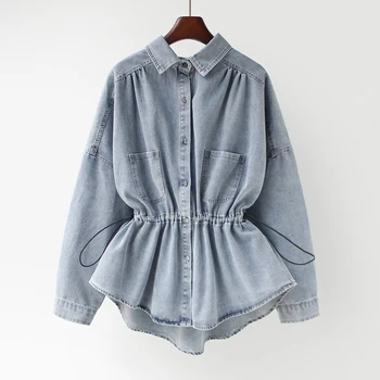 

SuperAen Summer New Loose Waist Hugging Full Women Shirts 2020 Turn Down Collar Jeans Coat Womens Tops and Blouses