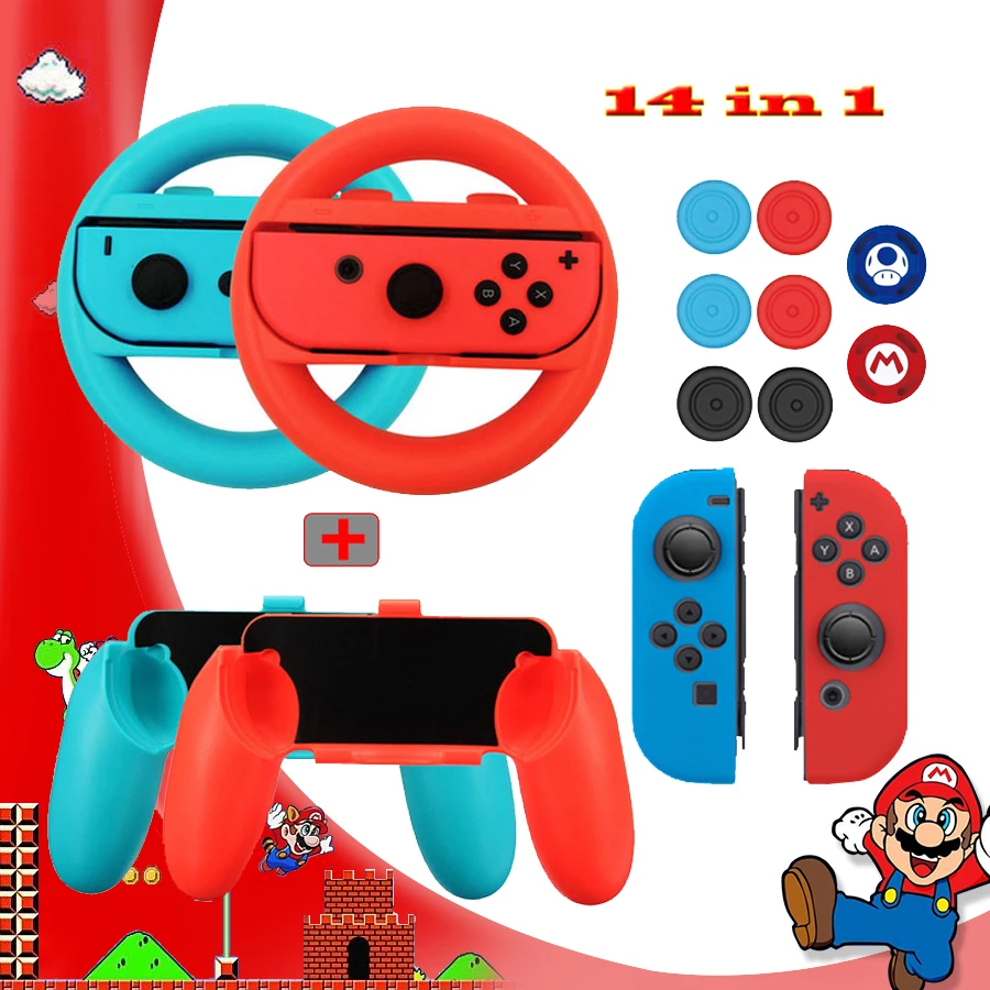 Аксессуары для Nintendo Switch 14 в 1 ручки 2 силиконовый чехол ручка гоночного руля 8