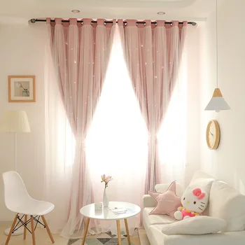 

sy 11 273Korean Double Pink Princess Curtains for Living Room Hollow Stars Lace Curtain for Bedroom Shade Curtain Tulle Cloth