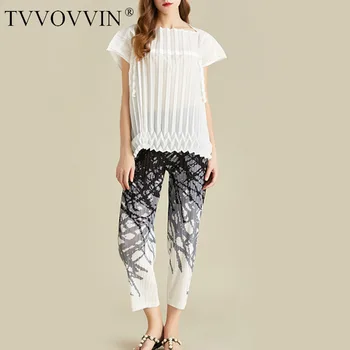 

TVVOVVIN 2020 Summer New Fashion Women Loose Plus Casual Lace Transparent Shirt Printed Wide Leg Pants Two-piece 73C0