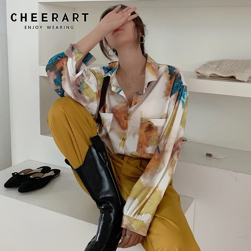 CHEERART 여성용 오버사이즈 셔츠 긴팔 블라우스, 단추 업 유화 루즈 탑, 한국 패션 의류, 가을