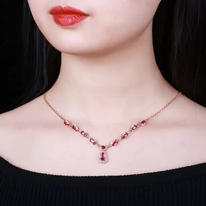 Luxury Rose Gold Plated Red Gems Crystal Bridal Necklace Cocktail Party Bling Bling Shine Crystal Necklace Charm Women Jewelry