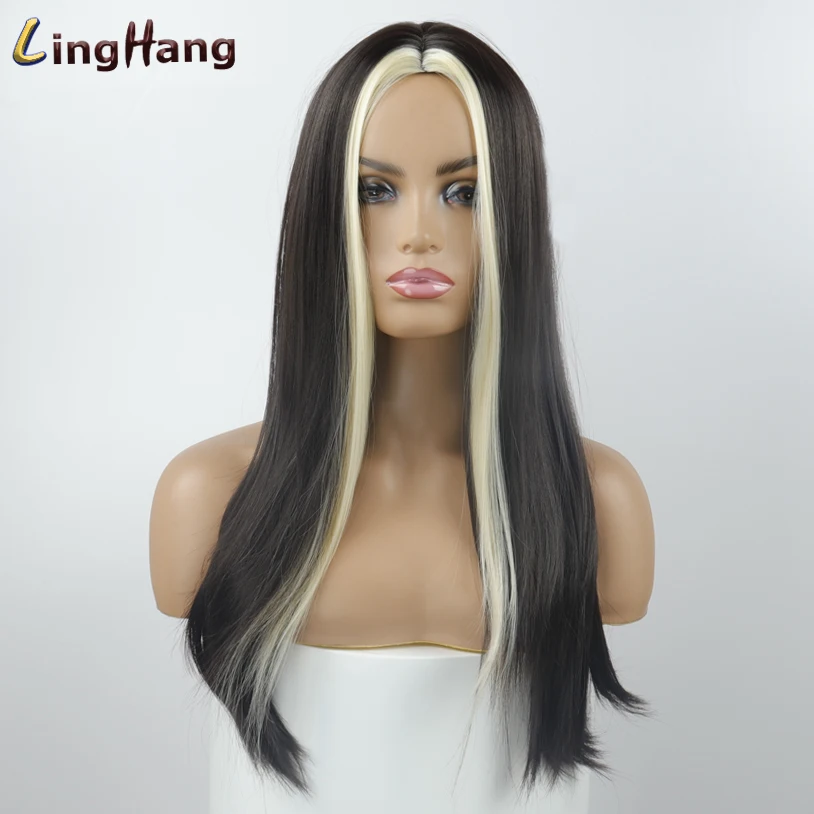 Linghang Black Long Straight Wig For Women Both sides Gold Hair Middle Part Heat Resistant Wavy Cosplay Wig For Girl