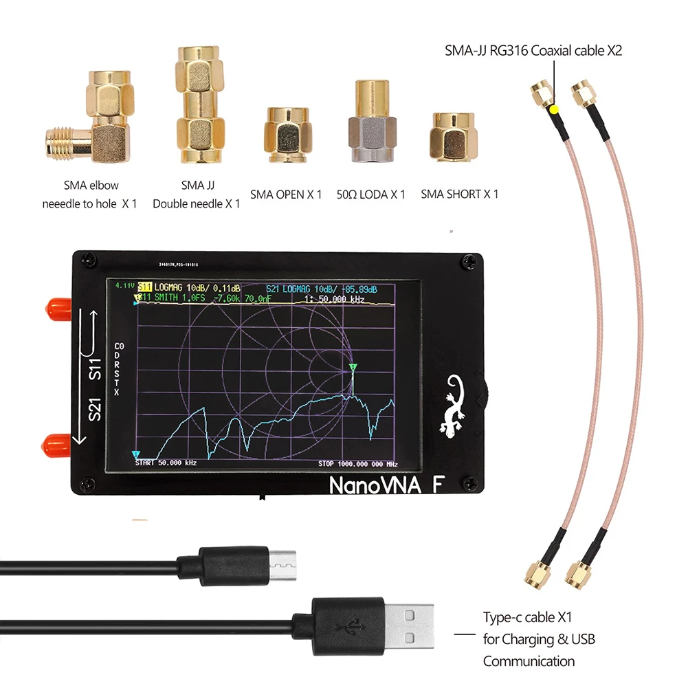 Professional Nanovna-f Portable Vector Network Analyzer Meter SWR 50KHz-1000MHz 4.3 inch IPS MF HF VHF Antenna Analyzer