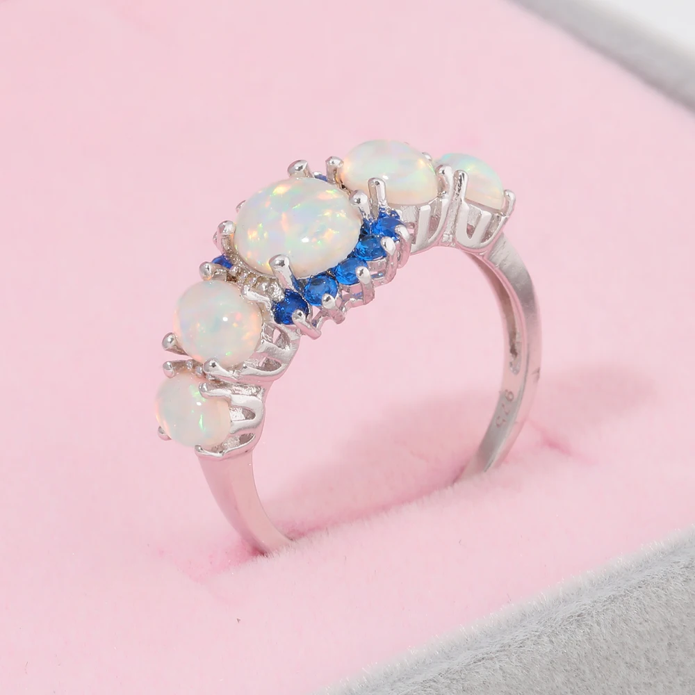 Finger Ring Silver Ring CiNily 5 Colors Luxe Fire Opal Ring Silver Plated Oval Round Stone Finger Ring Blue Full Crystal Vintage Jewelry Gift for Women