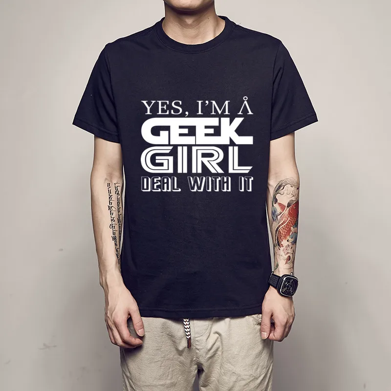 Мужские футболки из хлопка с коротким рукавом и круглым вырезом Yes I Am A Geek Girl Deal with