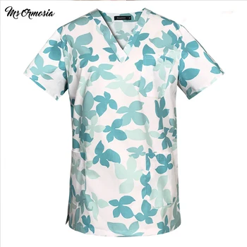 

high quality Women Scrub Top With V-Neck 100% Cotton Print Surgical Medical Uniforms Hospital Nurse Scrub Tops and pants Women