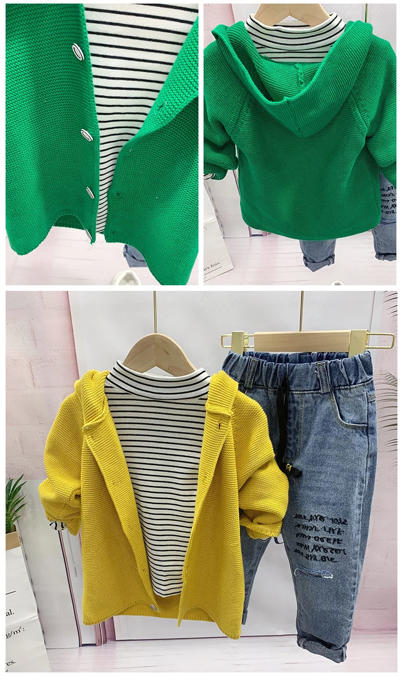 Conjunto de Roupas de Moda Amarelo e Rasgado Meninos Crianças Outono Suéter Listrado t Camisa Verde Jean Definir Roupas 2-7t 3pcs Wlg 5 3PCS WLG meninos conjunto de roupas de