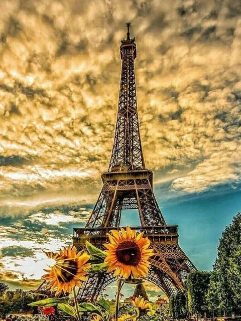 Diamond Painting Kit Completo,Pittura Diamante 5D Fai Da Te,Adulti Bambini Strass Ricamo Punto Croce Immagine con Numeri Pittura Craft Arts per Decorazioni Parete Regali - Fiore Torre Eiffel 25x45cm