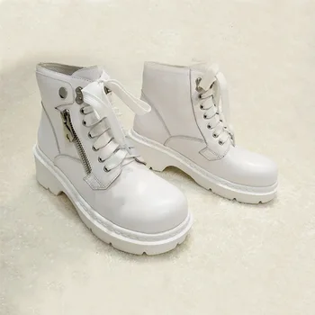

leather women's flat bottom short boots round head lace up white patent leather women's boots rubber lightweight boots