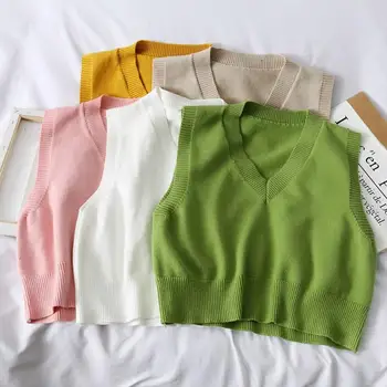 

Autumn Sleeveless Sweater Women Sweet Solid Color V Neck Knitted Loose Sleeveless Slim Vest Jumpers Pull