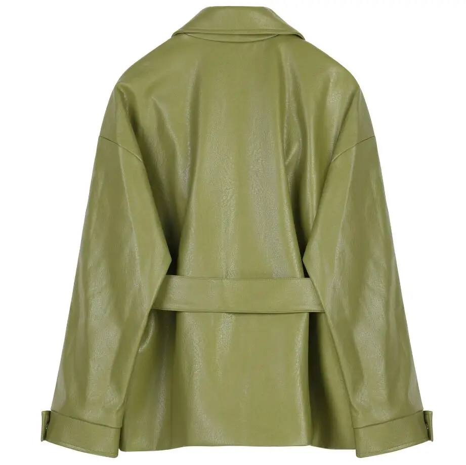 New Autumn Winter Original Fashion Avocado Green Vintage Instagram PU Leather Loose Oversize Coat Jacket Outerwear r2147