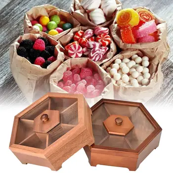 

New Arrivals Wooden Fruit Plate Dried Fruit Nut Box Home Tabletop Snack Candy Bowl With Cover Six-square Fruit Bowl