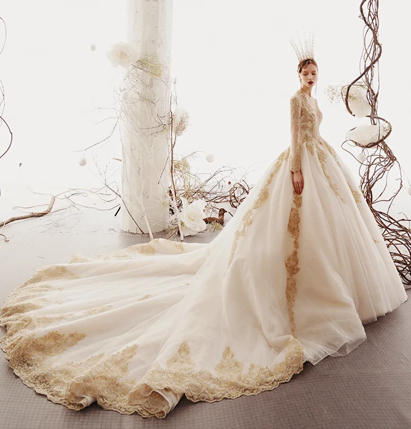 SoAyle Vestido de Noiva Hepburn роскошное свадебное платье цвета шампань с v-образным вырезом и Длинными Рукавами Свадебное Платье вышитое бисером кружевное платье с аппликацией