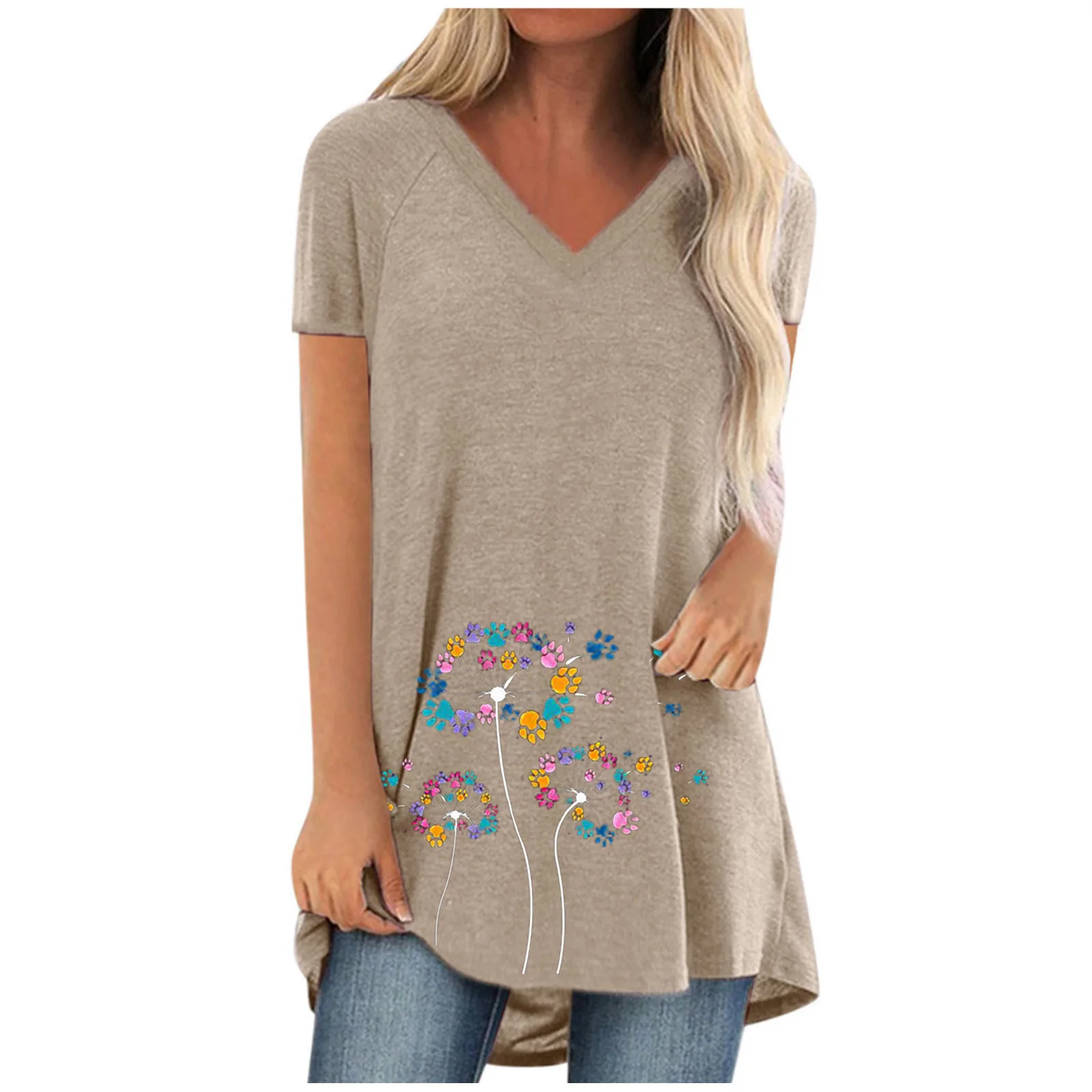 Casuales de las mujeres de talla grande de cuello en V manga corta túnica larga camisa blusa Top camisa blusa Tops Kobiety Bluzki de talla grande ropa