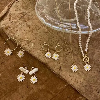 

MENGJIQIAO Fashion Metal Yellow Flower Drop Earrings For Women Girls Elegant Freshwater Pearl Choker Necklace Party Jewelry Set