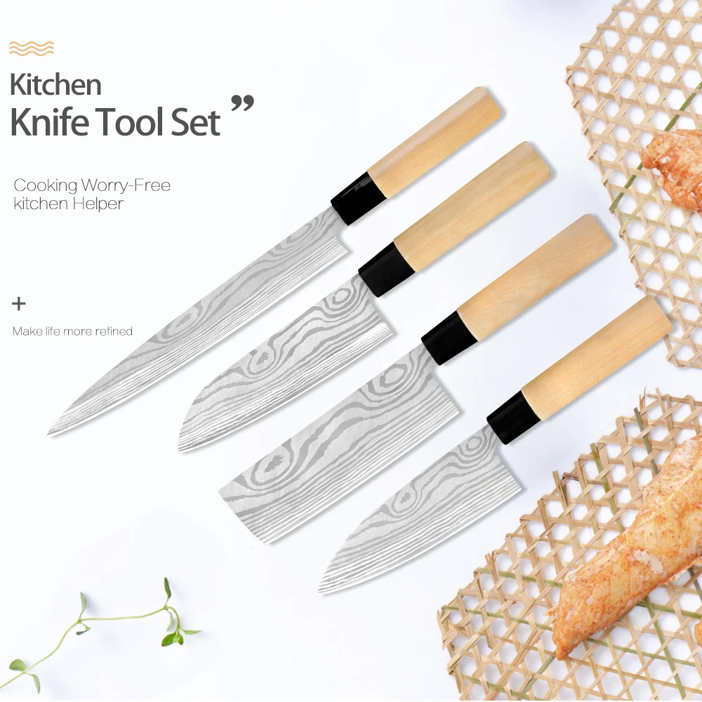 Дамасские кухонные ножи в японском стиле 4Cr14 из нержавеющей стали с деревянной ручкой 6," Chef 7" Santoku " разделочный 9" нож сашими