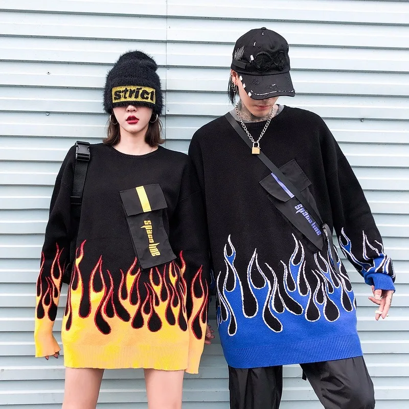 Осень Мужчины Хип-Хоп Свитер Пуловер Огонь Пламя Harajuku Streetwear Трикотажный Карман Свитер Модный Хлопок Свитер Негабаритных Топы Мужской Свитер О-Образным Вырезом Трикотаж Мужские Свитера Пуловеры Пуловеры