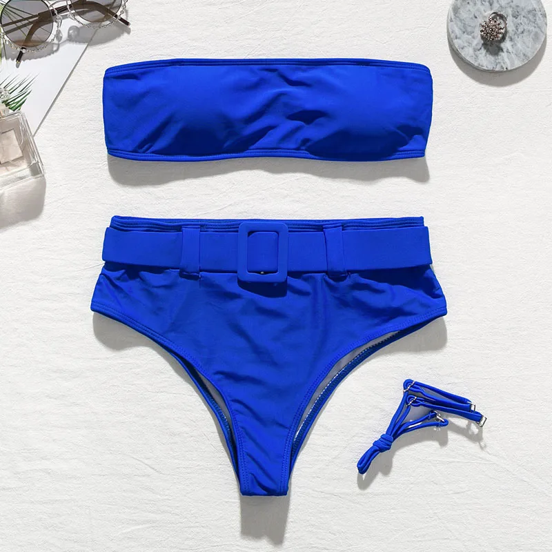 Misswim, бикини с высокой талией,, бандо, купальник для женщин, купальный костюм с поясом, купальник с принтом, без лямок, летняя пляжная одежда - Цвет: 2190-6
