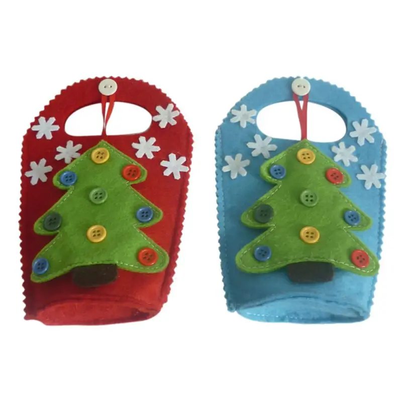 Многоразовый нетканый материал Рождественская елка шаблон подарочные пакеты контейнер для сладостей с кнопкой и белым украшение в виде хлопьев снега