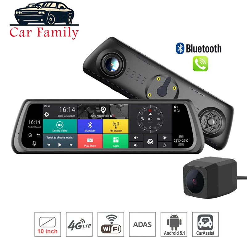 

4G Android 5.1 Car DVR GPS Navigator Dash Camera 10" Dash Cam ADAS Bluetooth Wifi Remote Monitor Dual Lens Video Recorder