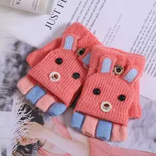 Теплые детские варежки с изображением животных для малышей; Детские Зимние перчатки из кролика; От 1 до 3 лет для мальчиков и девочек; Перчатки С Откидывающейся Крышкой на пол пальца; вязаные перчатки