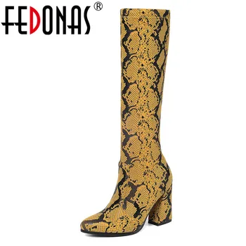 

FEDONAS Warm Autumn Winter Women Knee High Boots Square High Heels Night Club Shoes Woman Sexy Animal Prints Motorcycle Boots