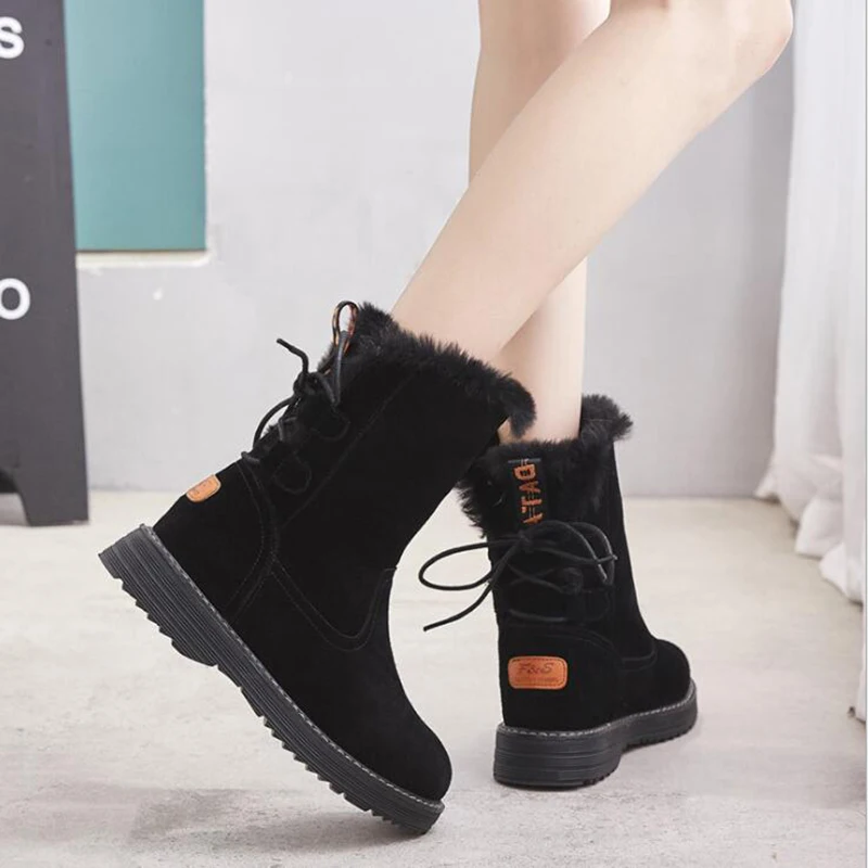 Winter Leather Warm Snow Shoes Women Boots mid-calf Plush Fur Velvet Boots Female shoes Booties Woman Footwear y190