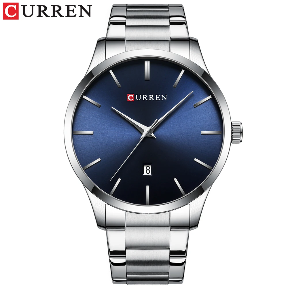 blue silver watch Классические простые кварцевые часы с датой люксовый бренд CURREN часы мужские наручные часы из нержавеющей стали часы мужские Reloj Hombres - Цвет: blue silver watch