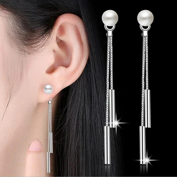 

New Fashion 925 Sterling Silver Stud Earring Simple Pearl Long Tassel Dangler Earring for Women Ear Line Jewelry Brincos Bijoux