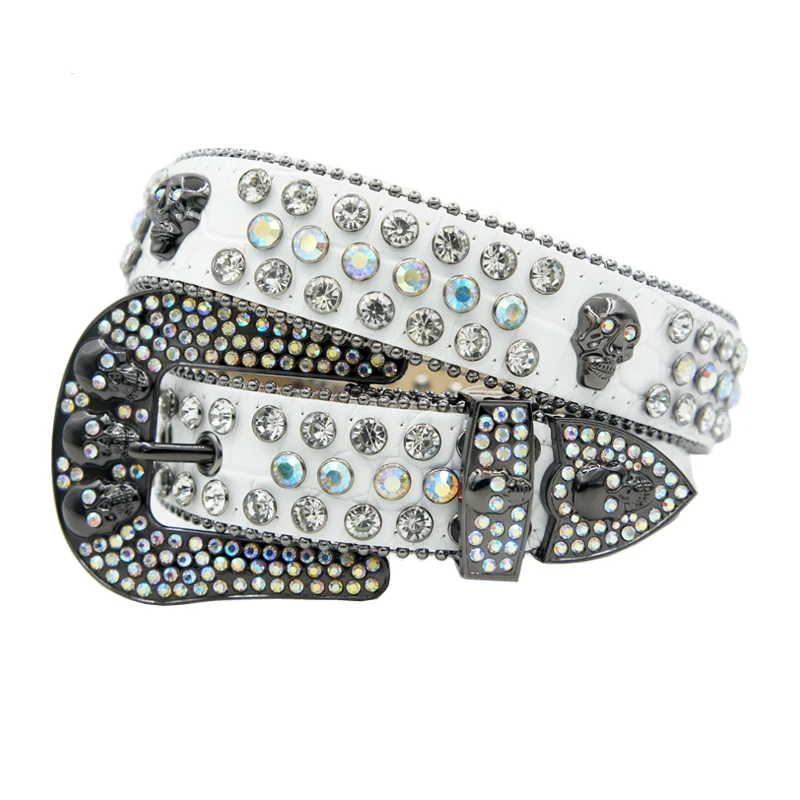 Diamond Studded Skull Head Men's Designer Rhinestone Belt Shiny Western Cowgirl Cowboy Leather Goth Waist Belts Jeans Pant Dress