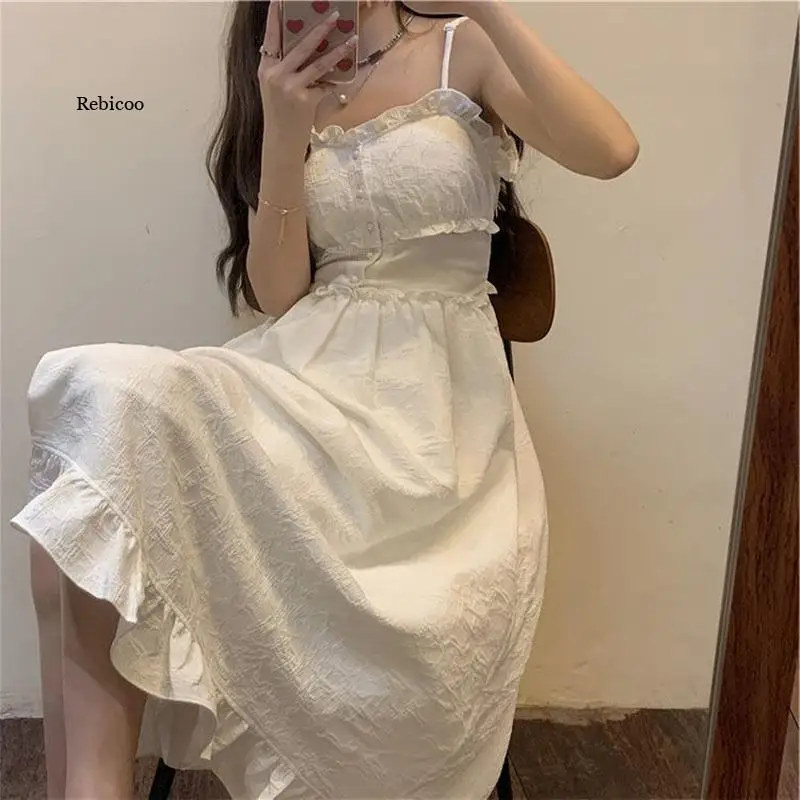 

White Dress Summer Robes for Women Casual Fairy Strap Tank Lace Lolita Sundress Cottagecore Elegant Temperament Dress