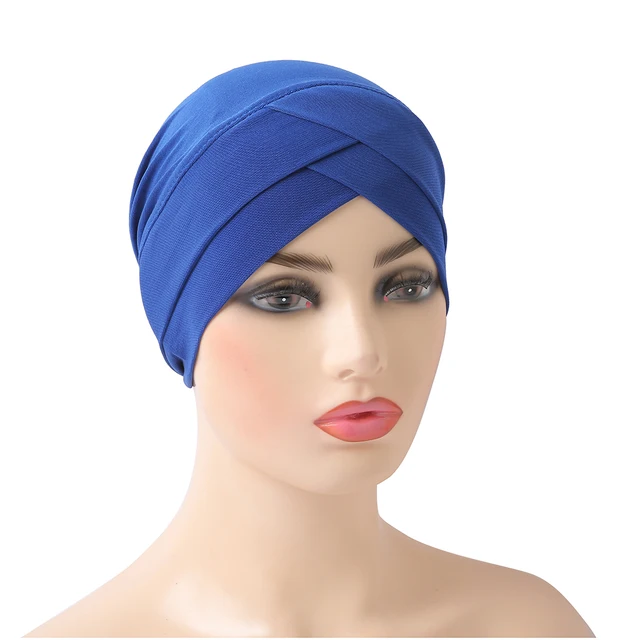 H117 High Quality Criss Cross Muslim Hijab Inner Hat Underscarf Pull On Islamic Scarf Turban Caps Full Headcover Women Headwrap royal blue